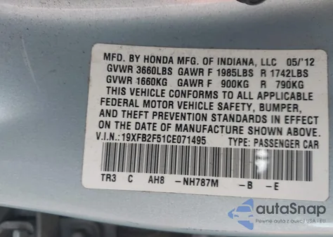 2012 Honda Civic Lx from USA, damaged, VIN 19XFB2F51CE071495
